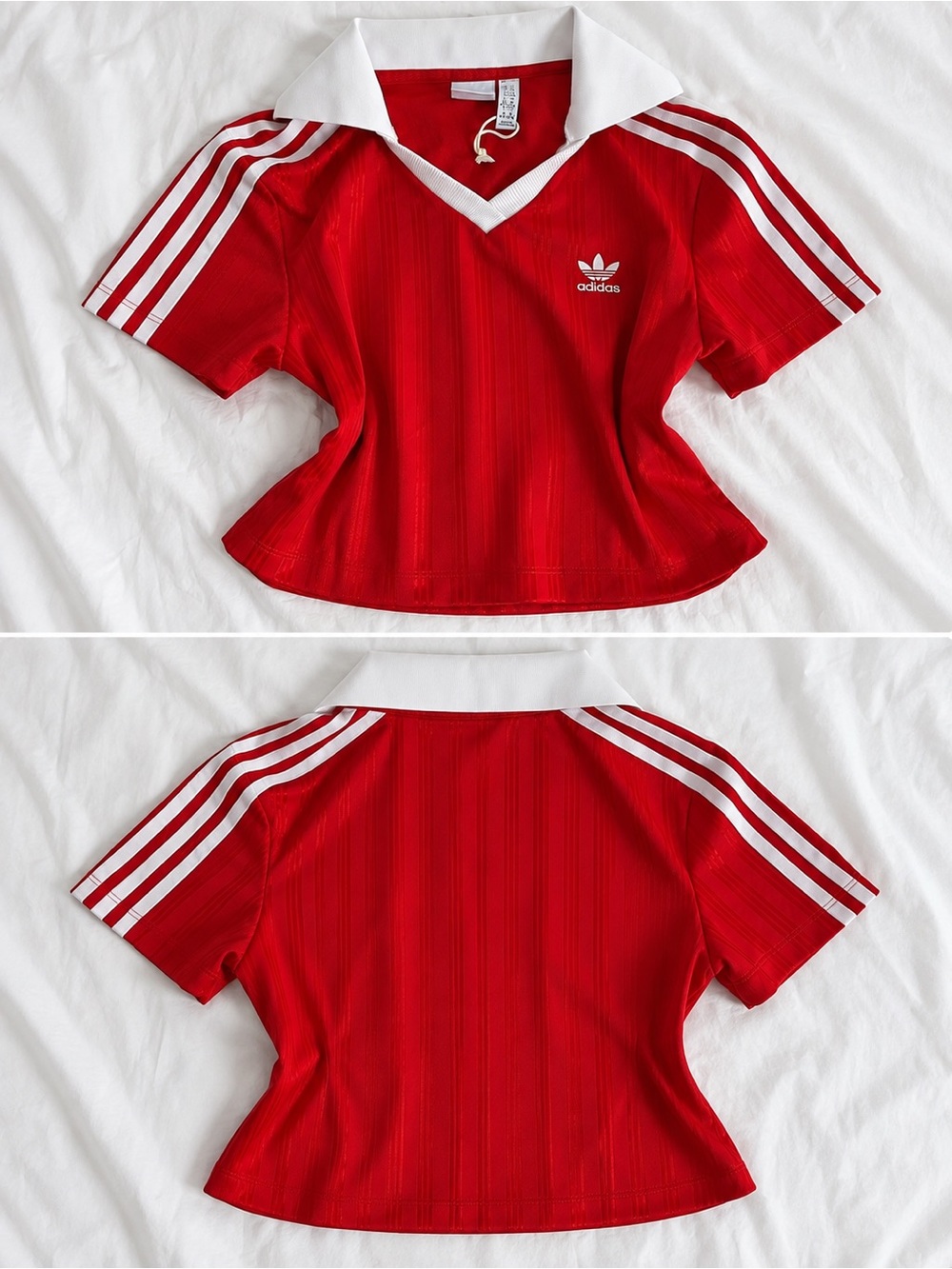 adidas Red Polo V-Neck with White Collar and Stripes